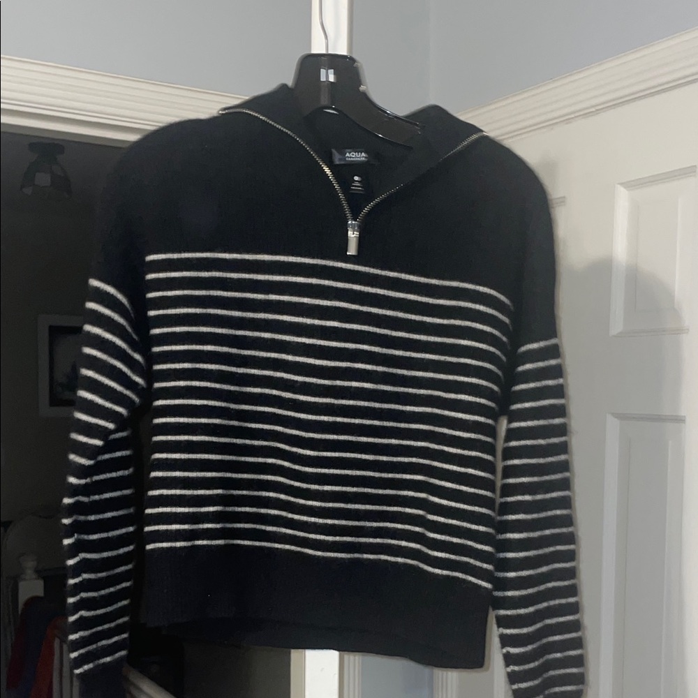 Aqua cashmereBlack and White Striped Half-Zip Sweater c